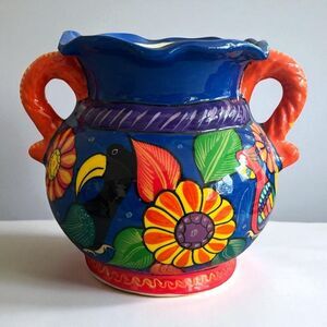 Colorful Hand-Painted Talavera Pottery Double-Handle Vase Pitcher